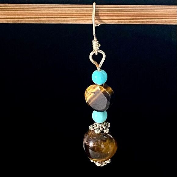 AJJ Sterling 1 3/4” Dangles with Tiger eye & Turquoue beads - Picture 3 of 7
